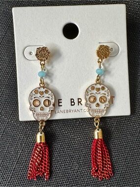 Lane Bryant White & Gold Sugar Skull Drop Earrings with Red Tassels